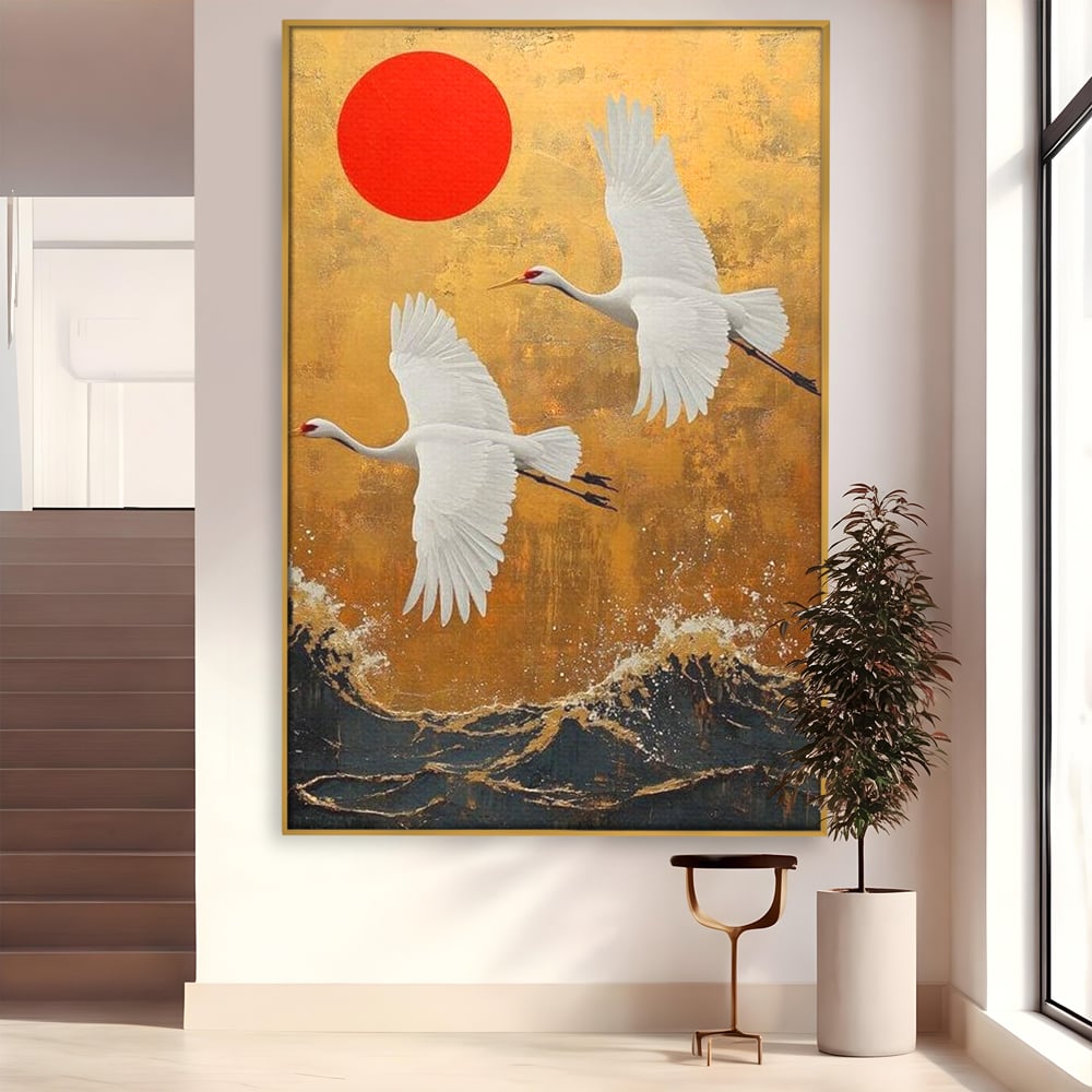 Tablou canvas cu tablou canvas cu doi cocori, in rama de aluminiu auriu